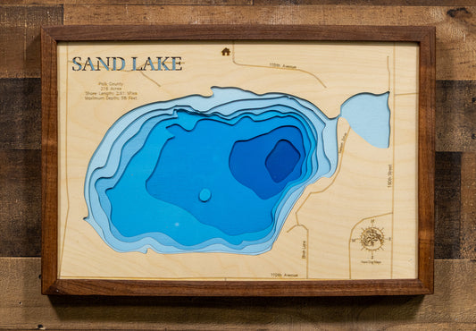 Custom wooden map of Big Sand Lake in Burnett County, Wisconsin with layered depth highlights.