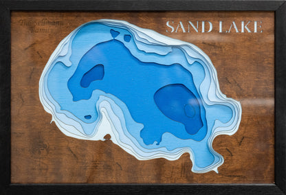 Unique wooden lake map of 3d Depth Map of Sand Lake in Sawyer County, WI, featuring intricate depth details.