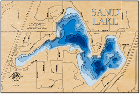 Exquisite wooden map of Sand Lake in Pine and Carlton County, MN with detailed lakebed features.