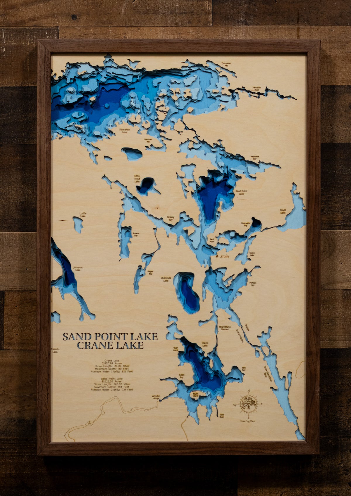 Sand Point Lake and Crane Lake in St. Louis County, MN and Ontario Canada custom 3D wood map, perfect for home decor and gifts.