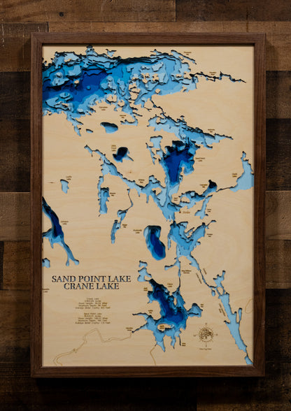 Sand Point Lake and Crane Lake in St. Louis County, MN and Ontario Canada custom 3D wood map, perfect for home decor and gifts.