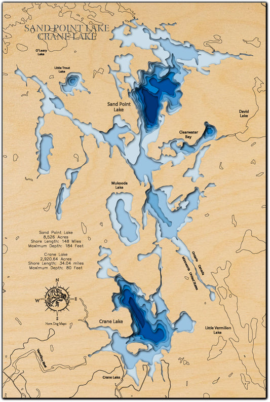 Sand Point Lake and Crane Lake in St. Louis County, MN and Ontario Canada custom 3D wood map, perfect for home decor and gifts.