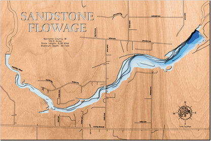 Laser-engraved relief map of Sandstone Flowage in Marinette County, WI, crafted from wood with high precision.