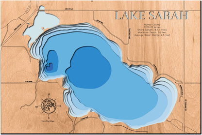 Unique wooden lake map of Lake Sarah in Murray County, MN, featuring intricate depth details.