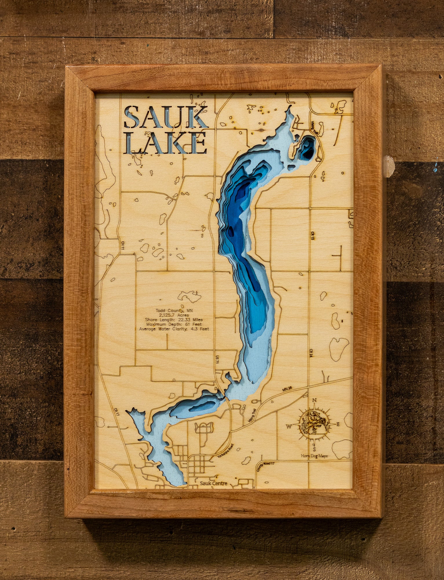 ニッコー　サンダーマップ　1/10 3d Depth map of Sauk Lake in Todd County, MN - 3D Wood Maps – Horn