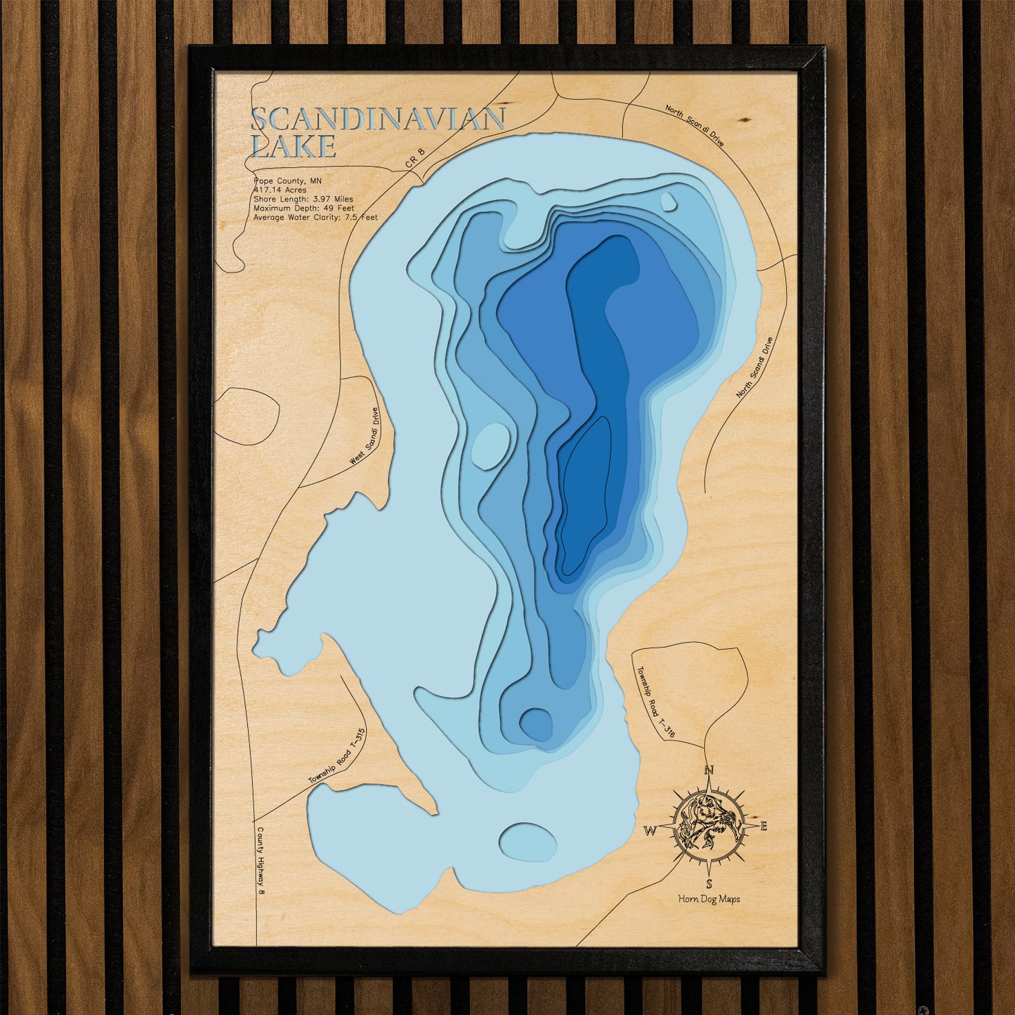 Scandinavian Lake in Pope County, MN in stunning 3D wood map design, with detailed topography.