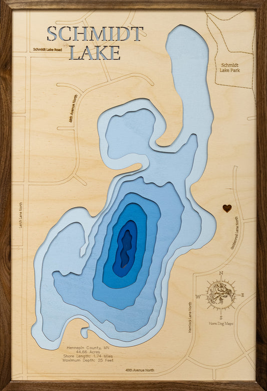 Schmidt Lake in Hennepin County, MN in stunning 3D wood map design, with detailed topography.