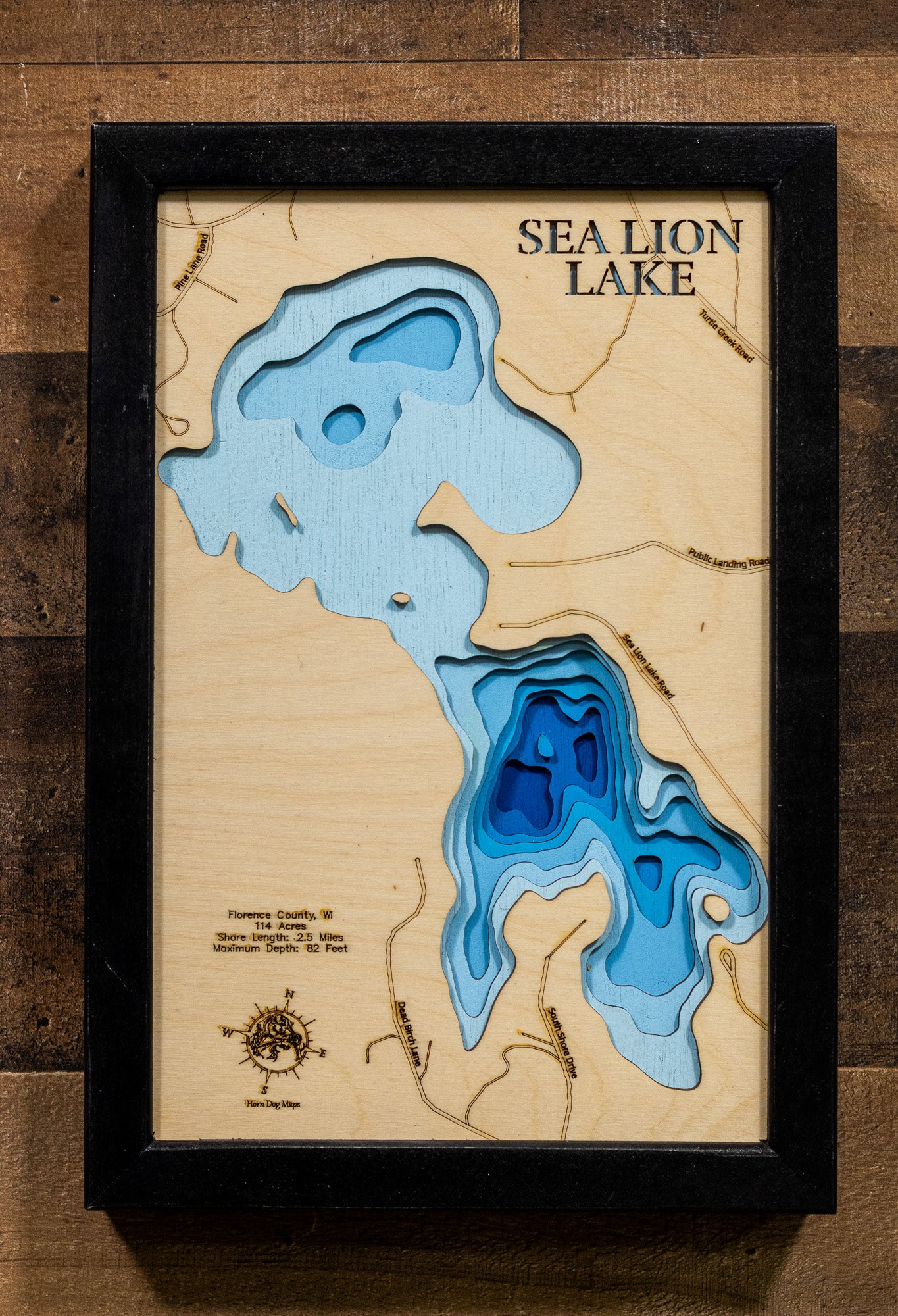 A meticulously detailed, laser-cut, multi-layered wooden topographical map of Sea Lion Lake in Florence County, Wisconsin, showcasing the lake's 114-acre surface with intricate depth contours illustrating the dramatic transition from the 16-foot average depth to the impressive 82-foot maximum depth. The natural wood top layer frames 2.5 miles of precisely rendered shoreline, while graduated blue layers create a striking visual depth gradient.