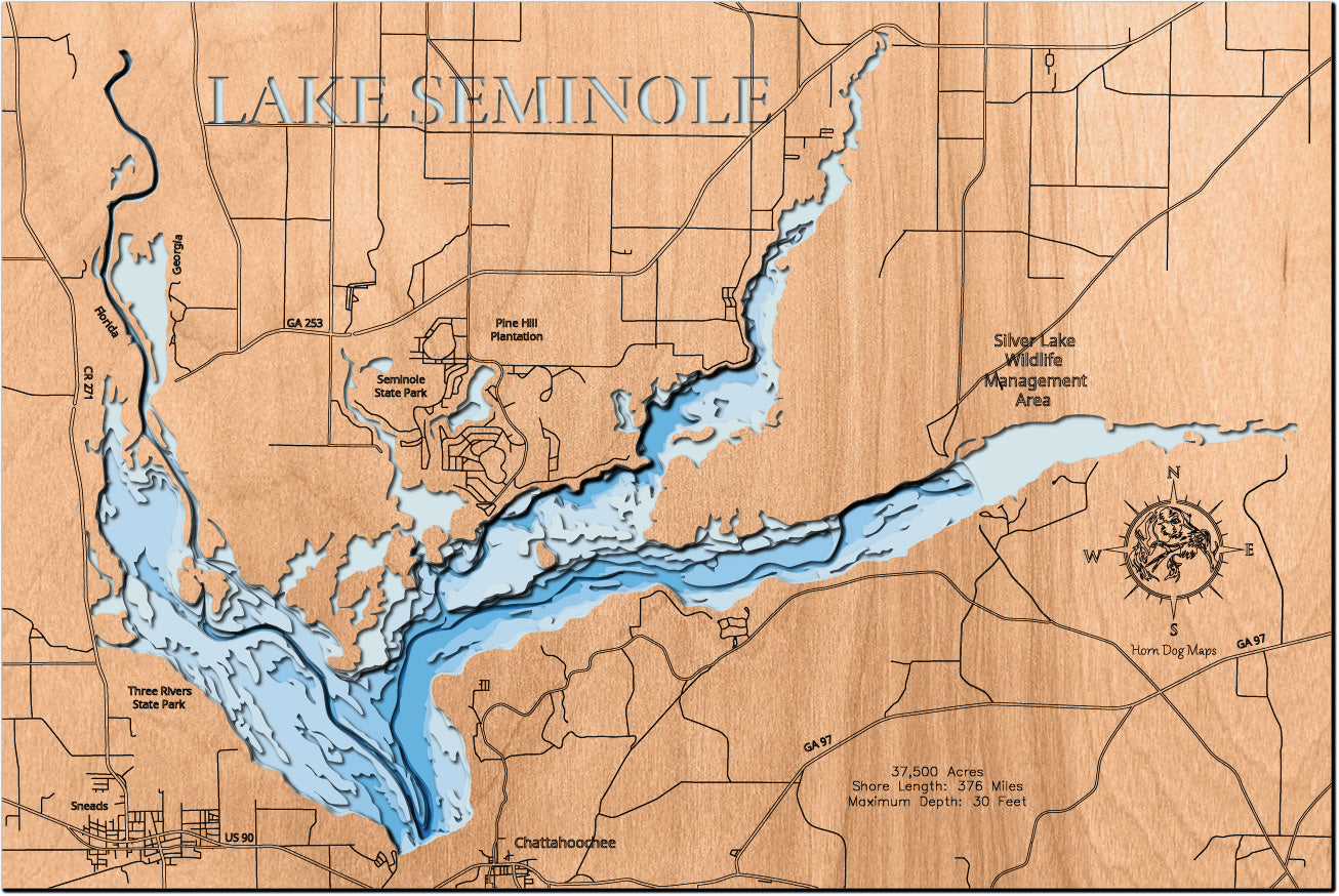 Lake Seminole in Georgia and Florida in stunning 3D wood map design, with detailed topography.