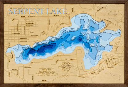 Handcrafted 3D wood map of Serpent Lake in Crow Wing County, MN, ideal for lake enthusiasts.