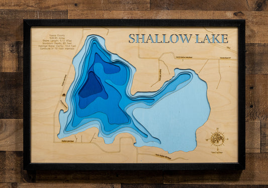 Custom wooden map of 3d Lake Map of Shallow Lake in Itasca County, MN with layered depth highlights.