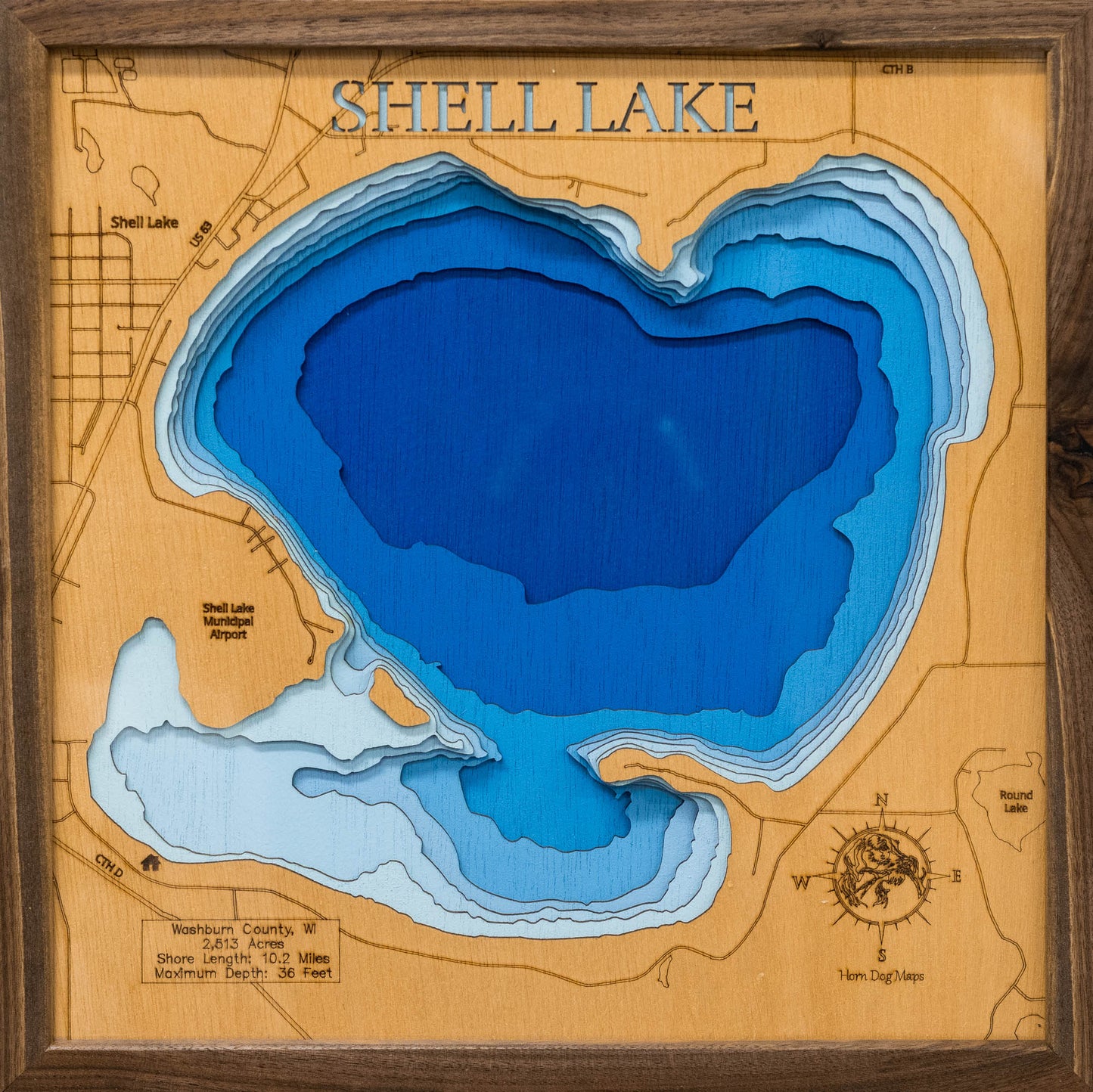 Laser Cut Lake Map of Shell Lake in Washburn County, WI – Horn Dog Maps
