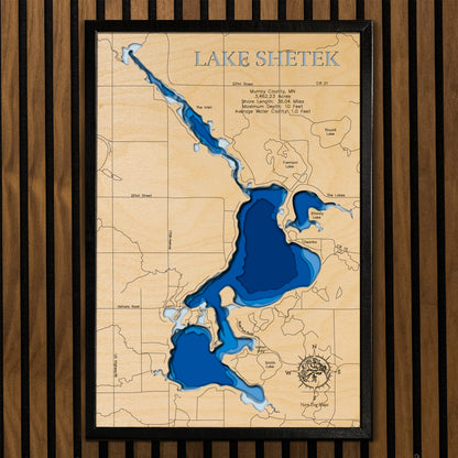 Laser-engraved relief map of Lake Shetek in Murray County, MN, crafted from wood with high precision.