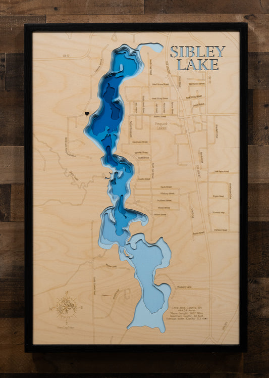 3D Wooden Lake Map of Sibley Lake in Crow Wing County, Minnesota in stunning 3D wood map design, with detailed topography.