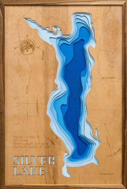 Detailed wooden relief map of Silver Lake in Barron County, WI, showcasing its natural beauty.