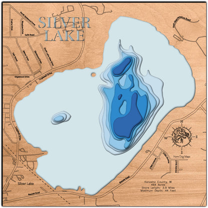 Silver Lake in Kenosha County, WI engraved wood map, showcasing accurate topographical features.