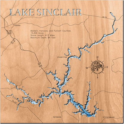 3D wooden lake map of Lake Sinclair in Baldwin, Hancock, and Putnam Counties, GA, showcasing detailed depth layers and contours.