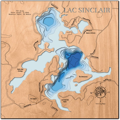 Lac Sinclair in Quebec, Canada custom 3D wood map, perfect for home decor and gifts.