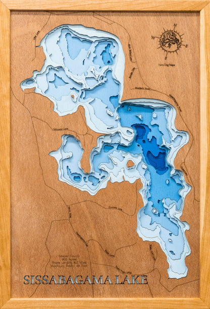 Custom wooden map of Sissabagama Lake in Sawyer County, WI with layered depth highlights.