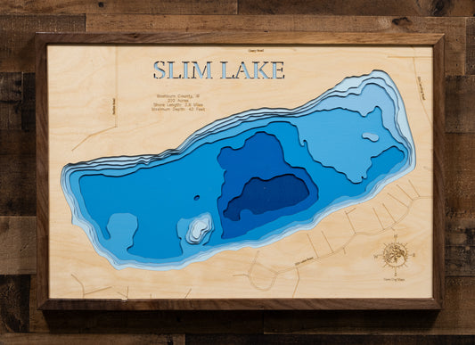 Decorative 3D wooden lake map of Slim Lake in Washburn County, WI, crafted with care.