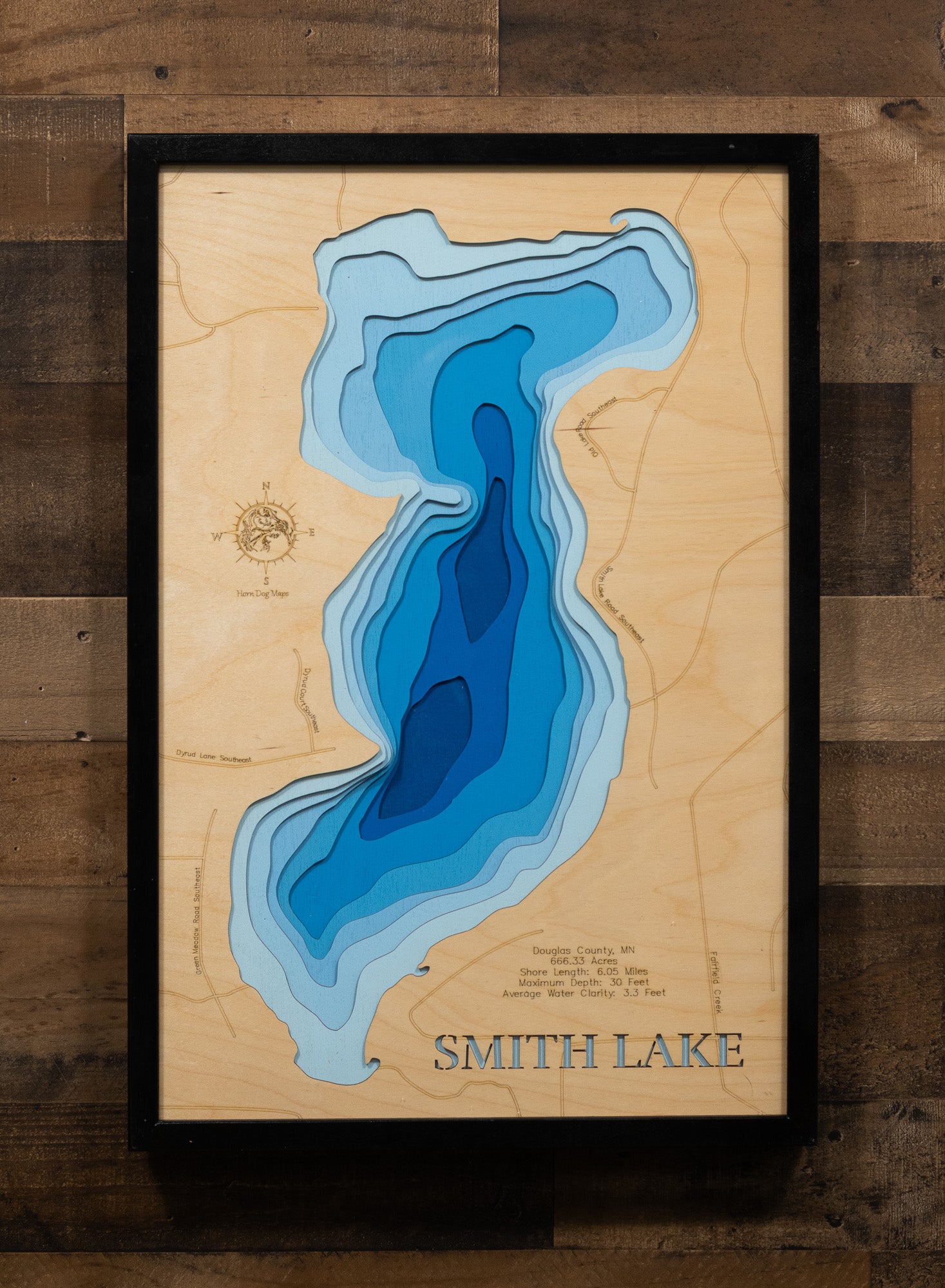 Smith Lake in Douglas County, MN engraved wood map, showcasing accurate topographical features.