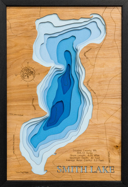 Smith Lake in Douglas County, MN engraved wood map, showcasing accurate topographical features.