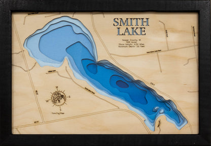 Exquisite wooden map of Smith Lake in Sawyer County, WI with detailed lakebed features.