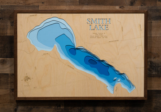 Exquisite wooden map of Smith Lake in Sawyer County, WI with detailed lakebed features.