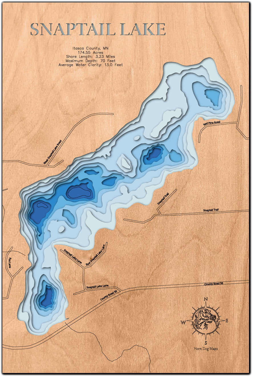 Decorative 3D wooden lake map of Snaptail Lake in Itasca County, MN, crafted with care.