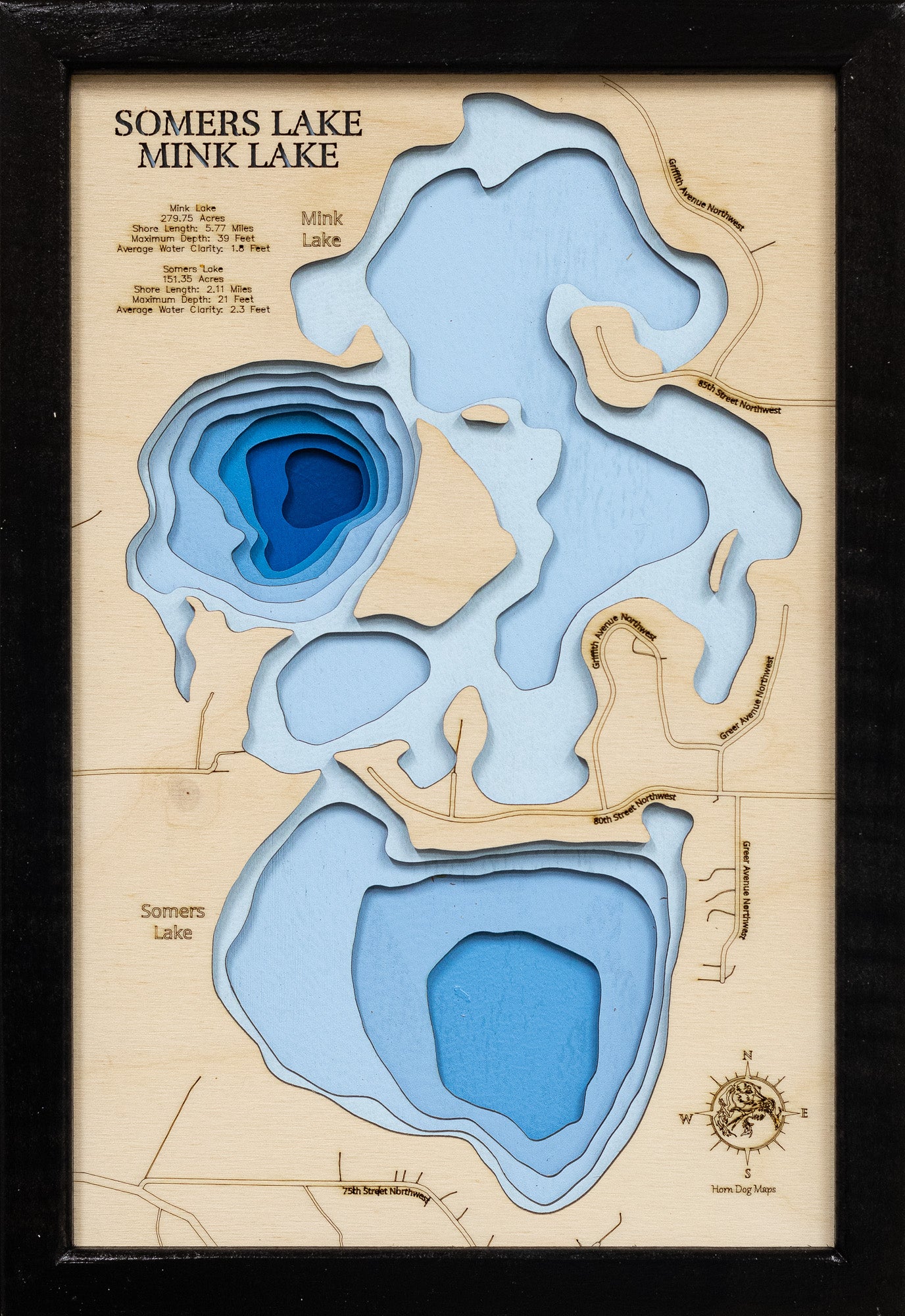 Decorative 3D wooden lake map of Mink and Somers Lakes in Wright County, MN, crafted with care.