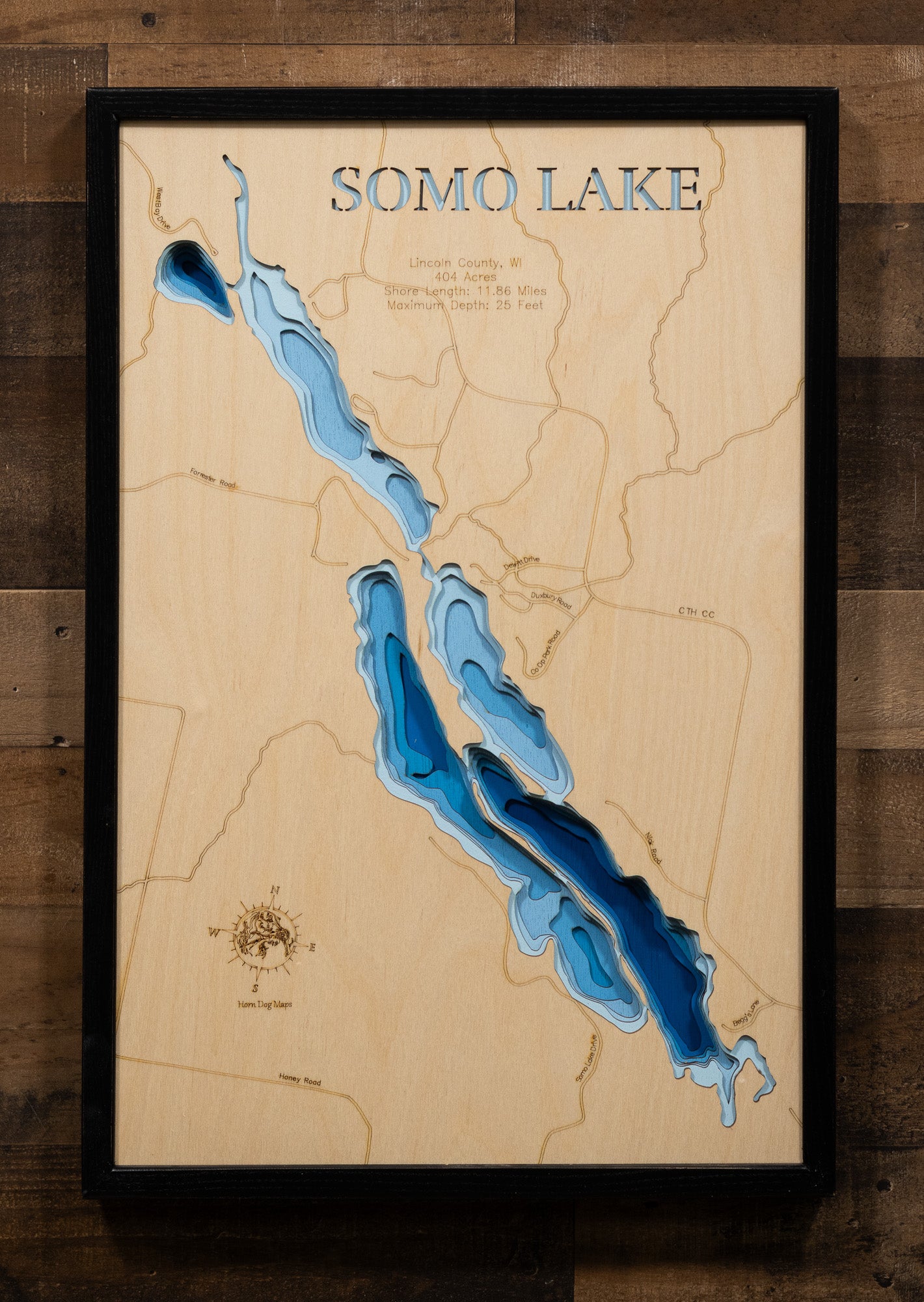 Decorative 3D wooden lake map of Somo Lake in Lincoln County, WI, crafted with care.