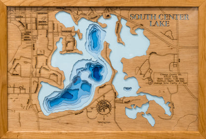 Handcrafted 3D wood map of South Center (Chisago) - horn-dog-maps, ideal for lake enthusiasts.