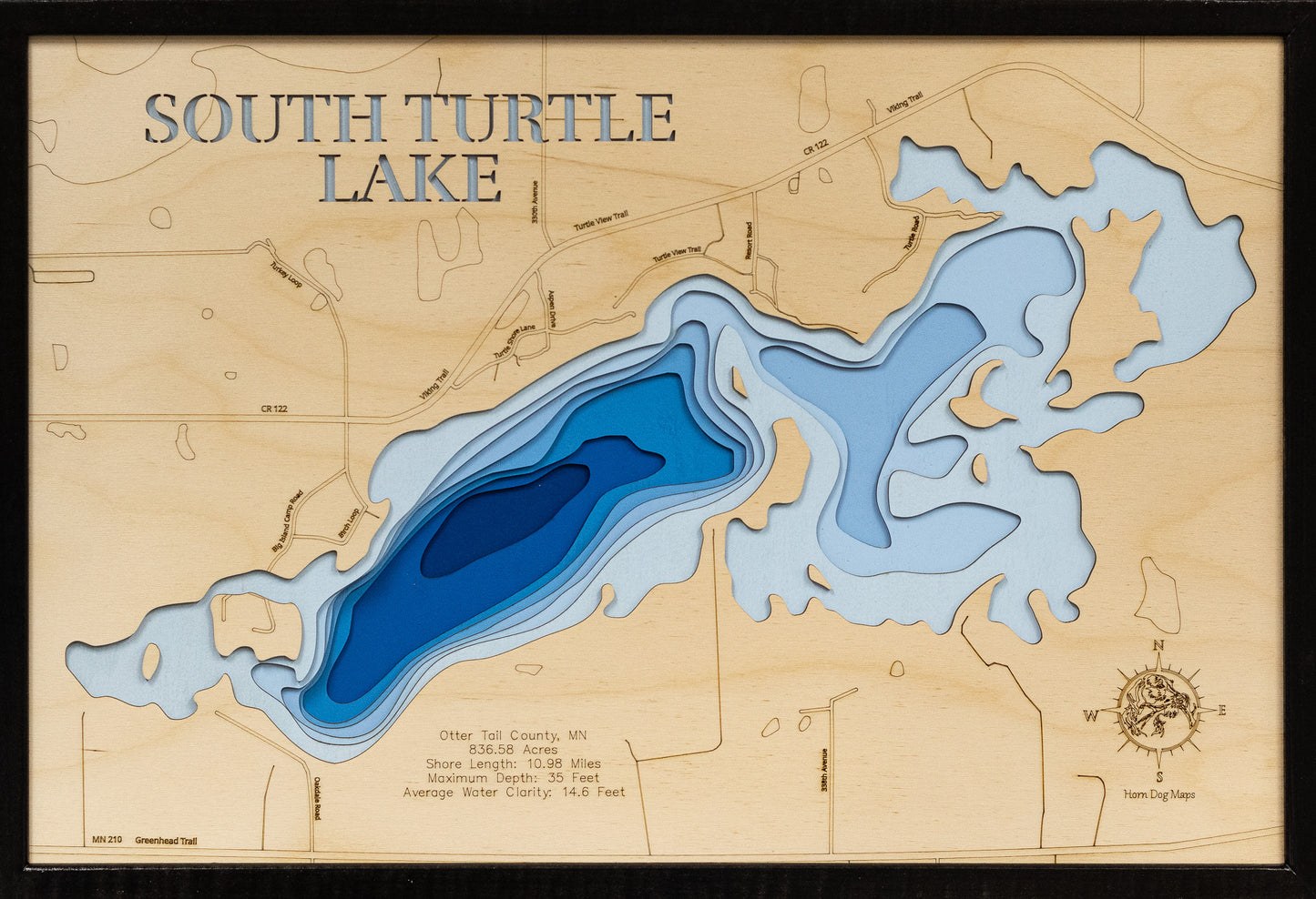 3D wooden lake map of South Turtle Lake in Otter Tail County, MN, showcasing detailed depth layers and contours.