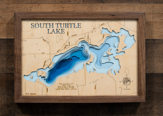 3D wooden lake map of South Turtle Lake in Otter Tail County, MN, showcasing detailed depth layers and contours.