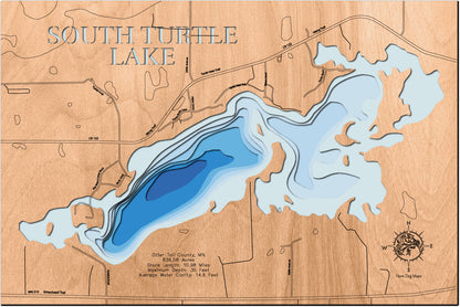 3D wooden lake map of South Turtle Lake in Otter Tail County, MN, showcasing detailed depth layers and contours.