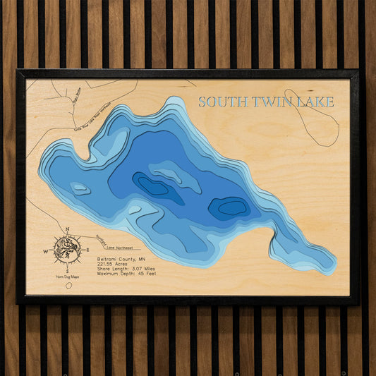 Custom wooden map of South Twin Lake in Beltrami County, MN with layered depth highlights.