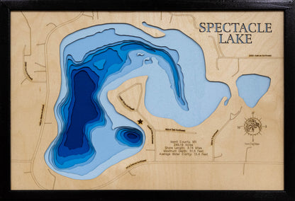 Spectacle Lake in Isanti County, MN in stunning 3D wood map design, with detailed topography.