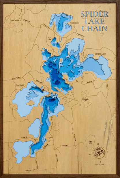 Exquisite wooden map of Spider Lake Chain in Sawyer County, WI with detailed lakebed features.