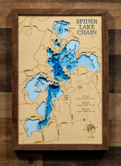 Exquisite wooden map of Spider Lake Chain in Sawyer County, WI with detailed lakebed features.