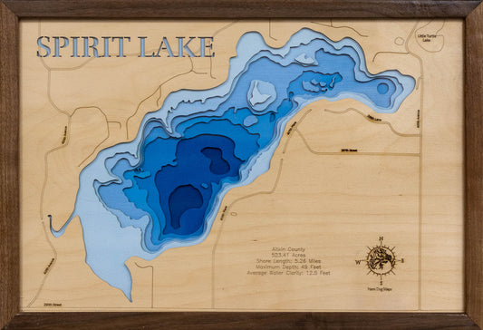 Exquisite wooden map of Spirit Lake in Aitkin County, MN with detailed lakebed features.