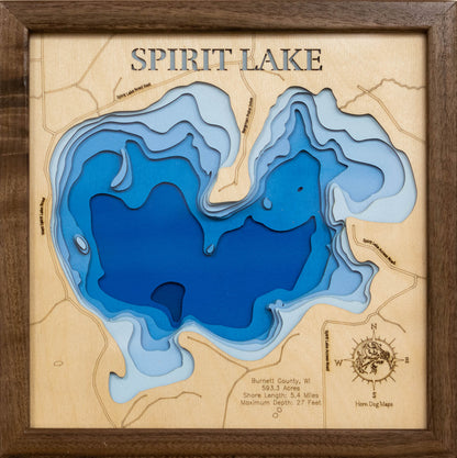 Handcrafted 3D wood map of Spirit Lake in Burnett County,  WI, ideal for lake enthusiasts.