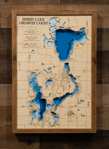 East and West Okoboji Lakes in Dickinson County, IA custom 3D wood map, perfect for home decor and gifts.