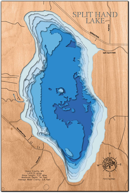 High-definition wooden relief map of Split Hand Lake in Itasca County, MN, handmade for durability.