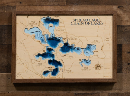Spread Eagle Chain of Lakes in Florence County, WI engraved wood map, showcasing accurate topographical features.