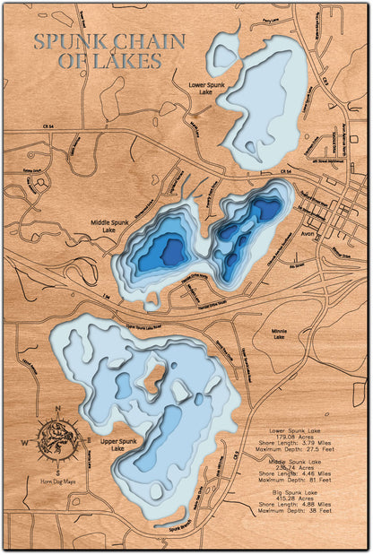 Custom wooden map of Spunk Chain of Lakes in Stearns County, MN with layered depth highlights.