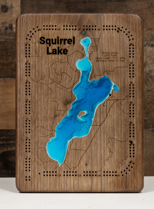 Squirrel Lake in Oneida County, WI custom cribbage board, perfect for home decor and gifts.