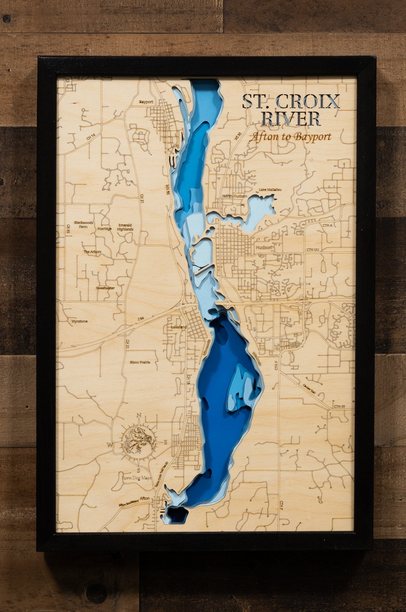 Decorative 3D wooden lake map of St. Croix River in Minnesota and Wisconsin, crafted with care.