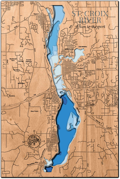 Decorative 3D wooden lake map of St. Croix River in Minnesota and Wisconsin, crafted with care.