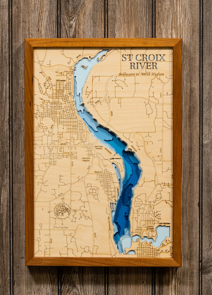 3D wooden lake map of St. Croix River in Minnesota and Wisconsin, showcasing detailed depth layers and contours.