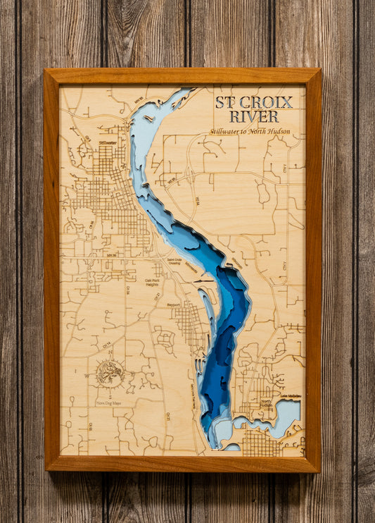 3D wooden lake map of St. Croix River in Minnesota and Wisconsin, showcasing detailed depth layers and contours.